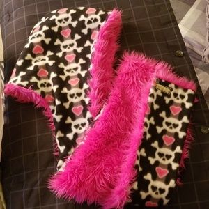 Reversible skull/fuzzy pink hood, Rave Hood